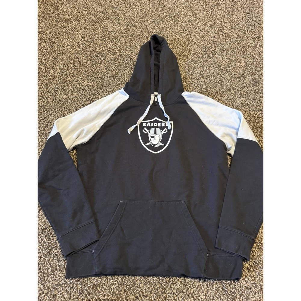 NFL Team Apparel Raiders Hoodie Mens Large L Black Grey Raglan Pullover Shield